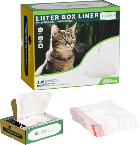 TELEGLO 100 Pack Drawstring Cat Litter Box Liner Bags For Litter-Robot 3/4,Waste Bags