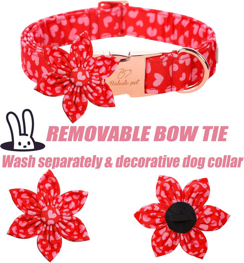 Valentine's Day Dog Collar with Flower Tie, Adjustable Pink Red Collar for Small Medium Large Dogs