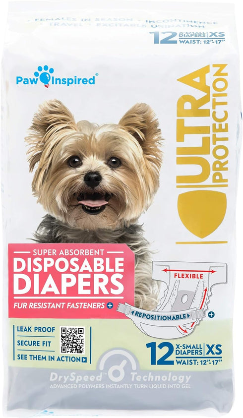 Paw Inspired Disposable Dog Diapers, Ultra Protection for Female Dogs in Heat, 12 & 144 Count, X-Small