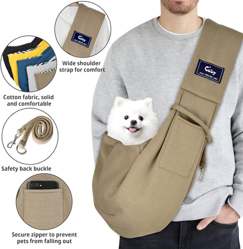 CUBY Dog and Cat Sling Carrier, Hands-Free Reversible Pet Papoose Bag for Puppy, Small Dogs Cats (Khaki, Unadjustable
