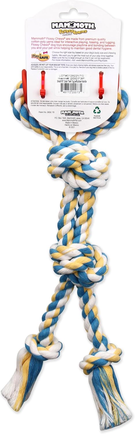 Mammoth Flossy Chews Color Twin Tug with Handle, Premium Cotton-Poly Rope Tug Toy for Small Dogs, Interactive Dual Tug