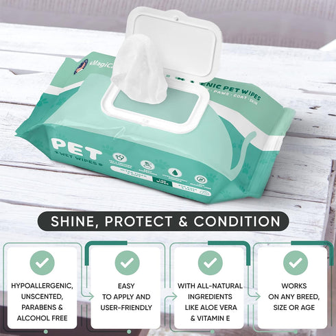 MAGICARE Grooming Wipes for Dogs & Cats - 100 Unscented Deodorizing Wipes for Sensitive Skin, Made in USA