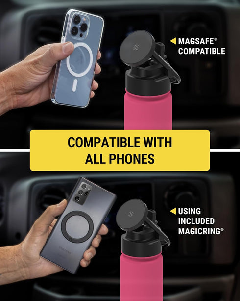 MFMS22 MagicMount 22 oz 12H 24H 22oz, Scosche Flask Stainless Steel Water Bottle with MagSafe Phone Mount Stand, Hot
