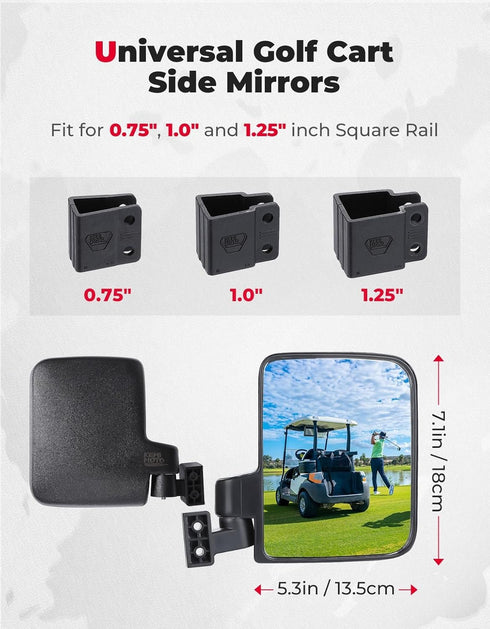 KEMIMOTO No Drilling Golf Cart Side Mirrors, Universal Folding Side View Mirrors for 0.75"-1.25" Square Rail,