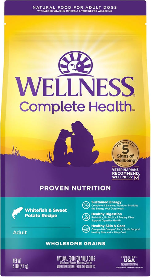 Wellness Complete Health Dry Dog Food - Natural Ingredients for Adult Dogs - Whitefish & Sweet Potato, 5-Pound Bag