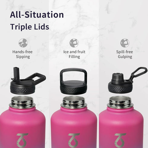 Water Bottle 64oz with Paracord Handle, Trebo Half Gallon Double Wall Vacuum Stainless Steel Insulated Jug