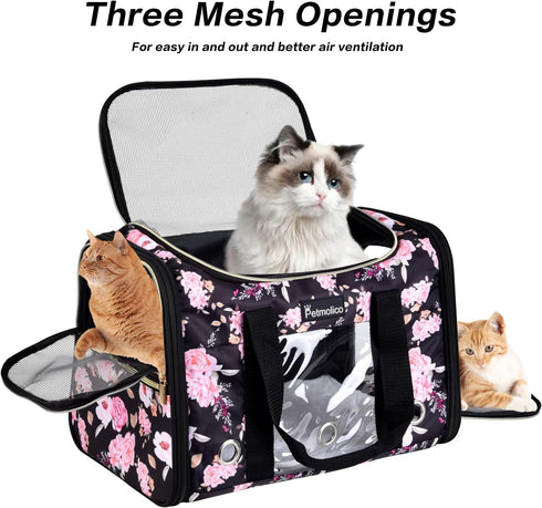 Petmolico Airline Approved Cat and Dog Carrier, Soft Travel Carrier with 3 Open Doors and Mesh Windows for Pets 16 lbs