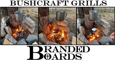 Portable Bushcraft Stainless BBQ Cooking Grill Grate, Mini Knife, Fire Starter Kits, Bamboo Cutting Board, Burlap Bag