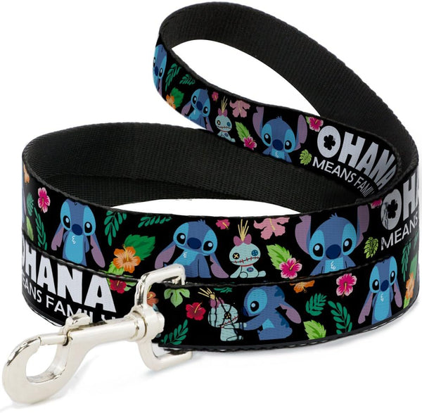 Dog Leash Ohana Means Family, Tropical Flora Black, 4 Feet Long, 0.5 Inch Wide