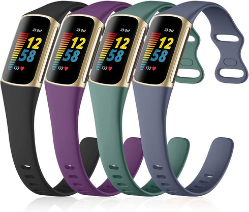 GEAK 4 Pack Slim Band for Fitbit Charge 5/Charge 6, Soft Silicone Sport Replacement Wristband (Black/Plum/Blue