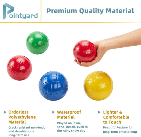 90mm Set 8 1 Pointyard Bocce Ball with PE Balls, Pallino, Carrying Bag, Measuring Tape - Family Game