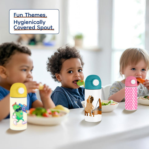 12oz Funny Dog Lover Kids Yellow Bottle A playful pug dog playing a piano in warm colors School Lunch, Picnic Fun