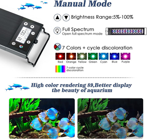 AQQA 16W Multi-Function Aquarium Light, Waterproof LED Fish Tank Light with Timer, 7 Colors, Full Spectrum