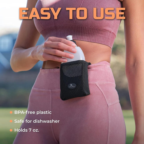 Running Buddy Black Water Bottle Pouch - 4" x 4" with 7 Oz Container - Magnetic Holder for Running & Travel