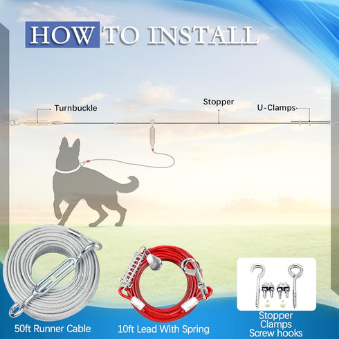 Dog Tie Out Runner for Yard, Heavy Duty Trolley System for Large Dogs, 120ft Cable Lead with 10ft Pulley for Dogs Up to