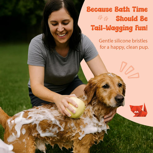 2-in-1 HamInWay Dog Bath Brush, Dog Grooming Brush with Built-in Shampoo Dispenser, Gentle Silicone Bristles for Bath