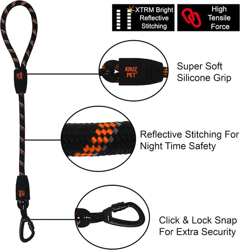 Kruz Short Traffic Leash - KZROPE5020-02L - Heavy-Duty Reflective Dog Rope for Walking, Blue