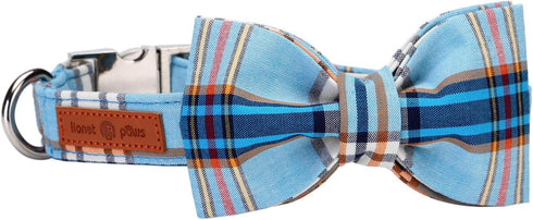 Lionet Paws Boy Dog Collar with Bowtie, Comfortable Adjustable Blue Plaid Bow Tie Collar for Male Dogs Gift, Large,