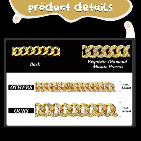 LEIFIDE Dog Chain Collar Gold 20 mm Wide Diamond Collar Large Dog Necklace Metal Pet Crystal Collar Jewelry Accessories for Medium Large Dogs(22 Inch)