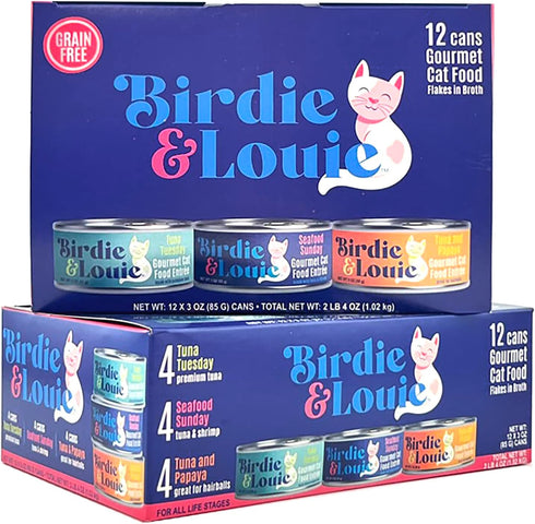 Birdie & Louie Wet Cat Food Variety Pack, Tuna Tuesday/Seafood Sunday/Tuna and Papaya Gourmet Entrees, 3 oz Cans |