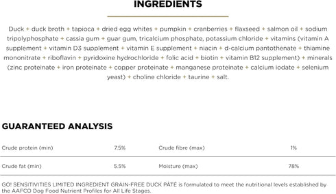 GO! SOLUTIONS Sensitivities Limited Ingredient Wet Dog Food - Grain Free Duck Pâté - Complete & Balanced Nutrition for All Life Stages, 12.5 oz