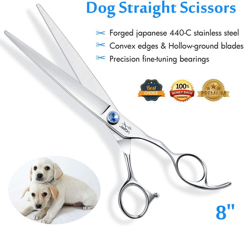 JASON 8" Straight Dog Grooming Scissors - Long Pets Grooming Shears with Offset Handle and Jewelled Screw