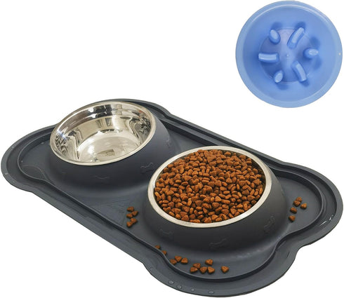 Dog Bowls Stainless Steel Slow Feeder Set with Silicone Mat, 100% Waterproof BPA Free No-Spill Pet Feeder Water Bowls