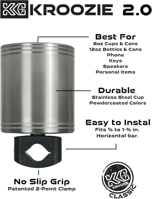 Kroozie 2.0 Bicycle Cup Holder, Ultimate Bike Drink Holder for Beach Cruisers, E-Bikes, Scooters, Strollers