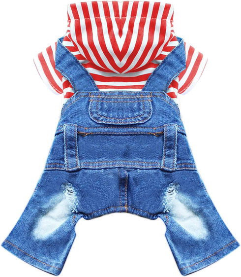 Small Dog Hoodie Clothes Cute Stripe Shirts Denim Jumpsuit One-Piece Outfit for Small Medium Dogs Cats Boy Girl