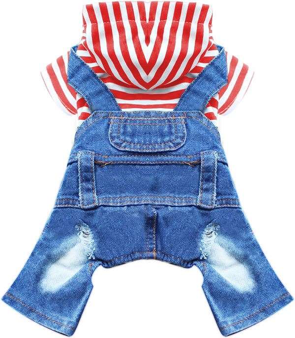 Small Dog Hoodie Clothes Cute Stripe Shirts Denim Jumpsuit One-Piece Outfit for Small Medium Dogs Cats Boy Girl