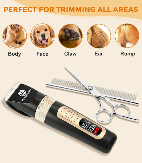 Dog Grooming Clippers Kit, Low Noise Electric Trimmer, 4-Speed & LCD, Cordless Rechargeable Hair Clippers for Thick