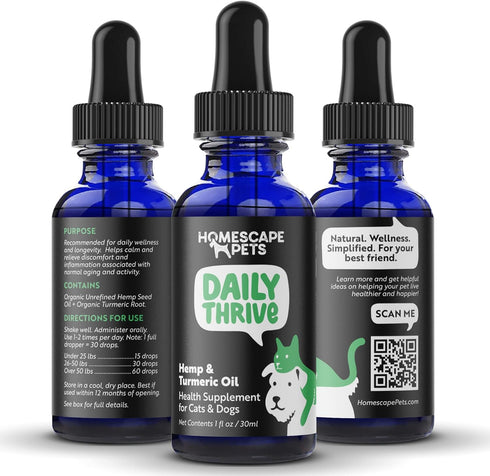 Homescape Pets Daily Thrive - Hemp Oil & Turmeric for Cats & Dogs, Anti-Inflammatory Pain Reliever