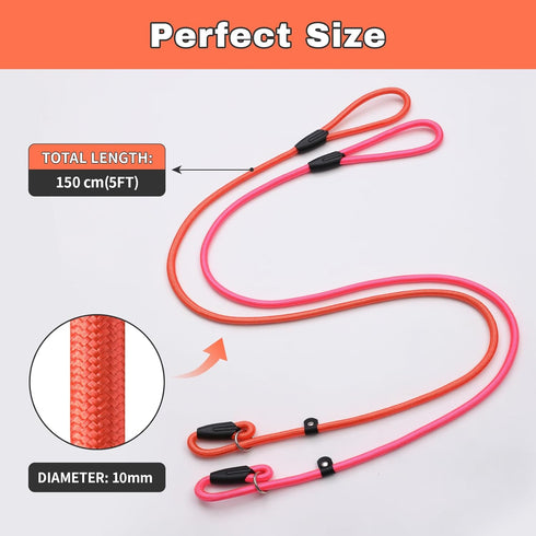2pcs Slip Lead Dog Leash, 5FT Strong Rope for Small Medium Dogs, Pink and Orange