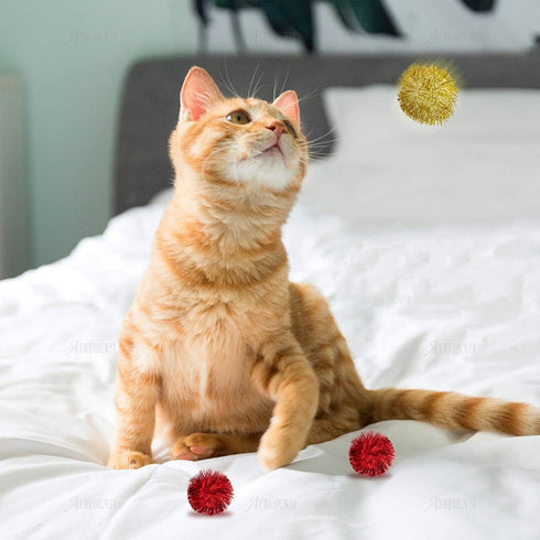 AUEAR 12 Pack 2 Inch Sparkle Ball Shiny Glitter Tinsel Pom Poms, Interactive Cat Balls for Kittens