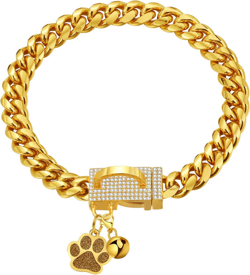Dog Chain Collars Gold Dog Collar 10mm Cuban Link with CZ Diamond Buckle Bling for Puppy Small Medium Large Dogs (24")