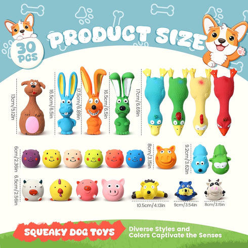 30 Pcs Squeaky Dog Toys | Latex Puppy Toy for Interactive Play | Soft Chew Toy for Small Medium Large Pets