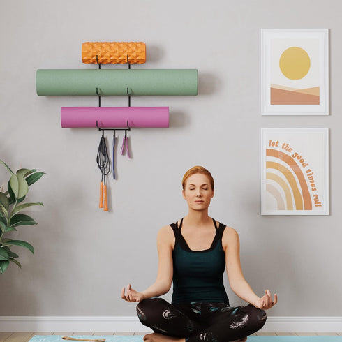 Wallniture Guru Wall Mount Yoga Mat Rack - Foam Roller and Towel Rack with 3 Hooks for Yoga Strap