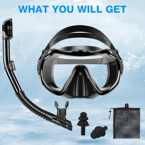 Snorkeling Gear for Adults, Anti-Fog Tempered Glass Lens, Anti-Leak Set with Mesh Bag