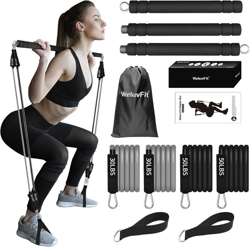 Plates Bar Kit with Resistance Band, Multifunctional Portable Weighted Exercise Pilates Bar for Home Gym