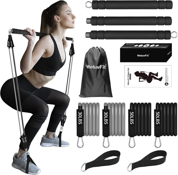 Plates Bar Kit with Resistance Band, Multifunctional Portable Weighted Exercise Pilates Bar for Home Gym