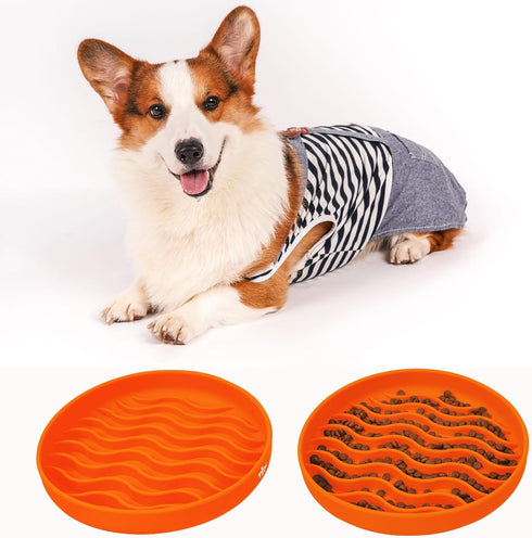 Slow Feeder Dog Bowls, Silicone Food Bowl Anti-Gulping, Puppy Slow Feeder with Suction Cups, Dishwasher Safe, Orange