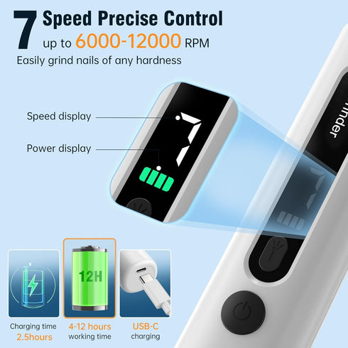 7-Speed Trimmer Dog Nail Grinder, Pet Nail with LED Light & Sponge Dust Collector, Quiet and Low-Vibration, Painless