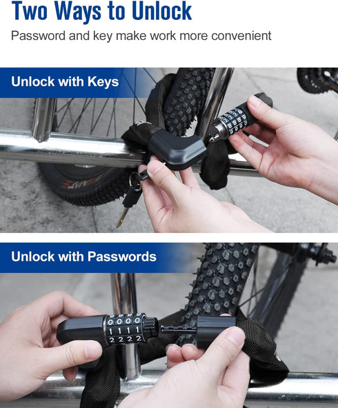 NDakter Bike Lock, Chain Lock with 2 Ways to Unlock, 4 Digit Combination Heavy Duty Anti-Theft Bicycle Lock