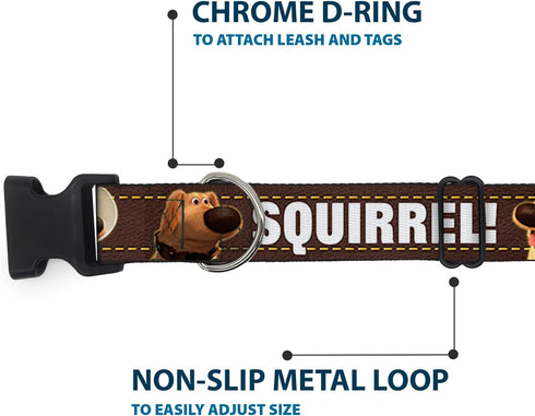Buckle-Down Plastic Clip Collar - Dug 3-Poses/SQUIRREL! - Brown/Yellow/White, 1" Wide, Fits 9-15" Neck - Small