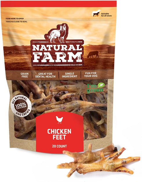 Natural Farm Nail-Free Chicken Feet Dog Treats, 20 Pack, 100% Free-Range, High Protein, Joint Support