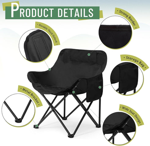 Seeloowy 2 Pack 600D 330lbs(Black) Compact Camping Chairs Portable Folding for Outside with Carry Bag Lightweight Moon
