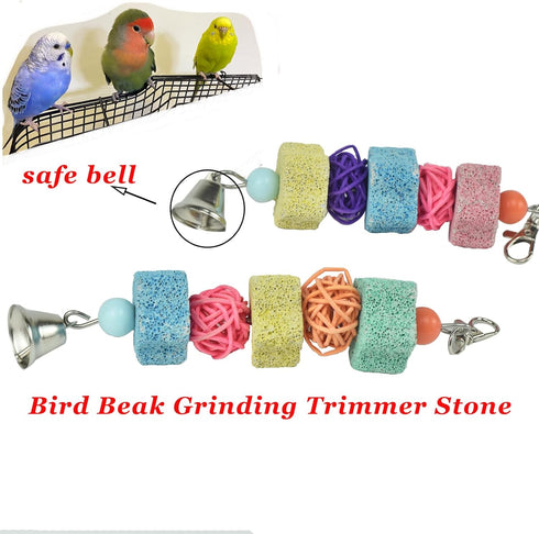 2 Pack Trimmer Chinchilla Parakeets Parrot Chewing Toy, Bird Beak Grinding Stone Lava Calcium Blocks, Hanging Bird Cage