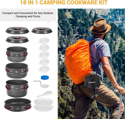 KingCamp Camping Cookware Mess Kit - 7/9/18 Pcs Non-Stick Hard-Anodized Aluminum Set for Outdoor Cooking