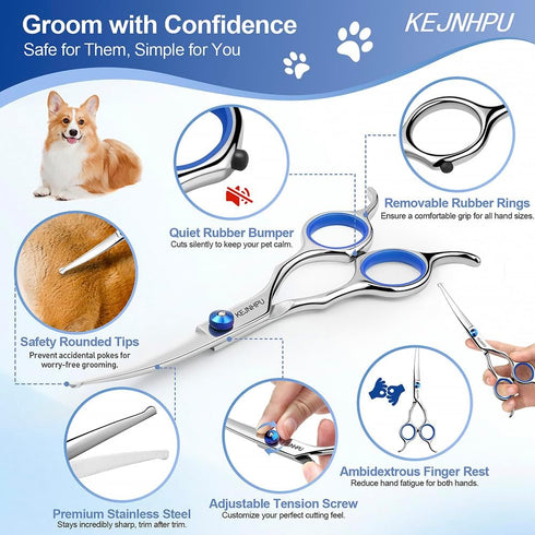 KEJNHPU 6.8 Inches, Professional Dog Grooming Kit Curved Dog Grooming Scissors with Safety Round Tips, Dog Scissors