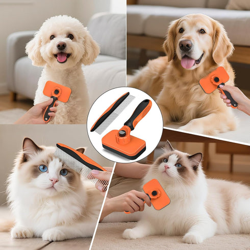 KYHSC 2PCS Self Cleaning Slicker Brush & Dog Comb - Skin Friendly Deshedding Grooming Tool for Dogs, Cats and Small